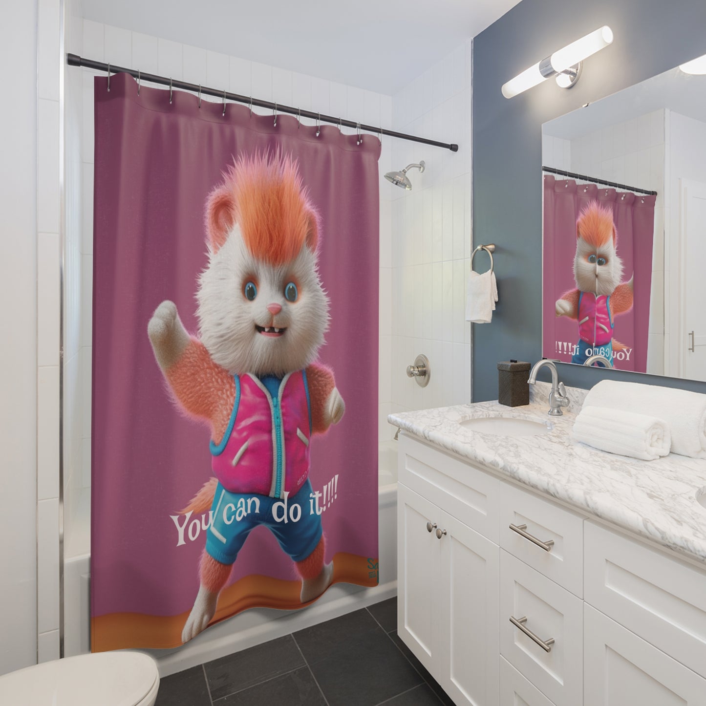 Motivational Shower Curtain - Aerobics Cat Says 'You Can Do It