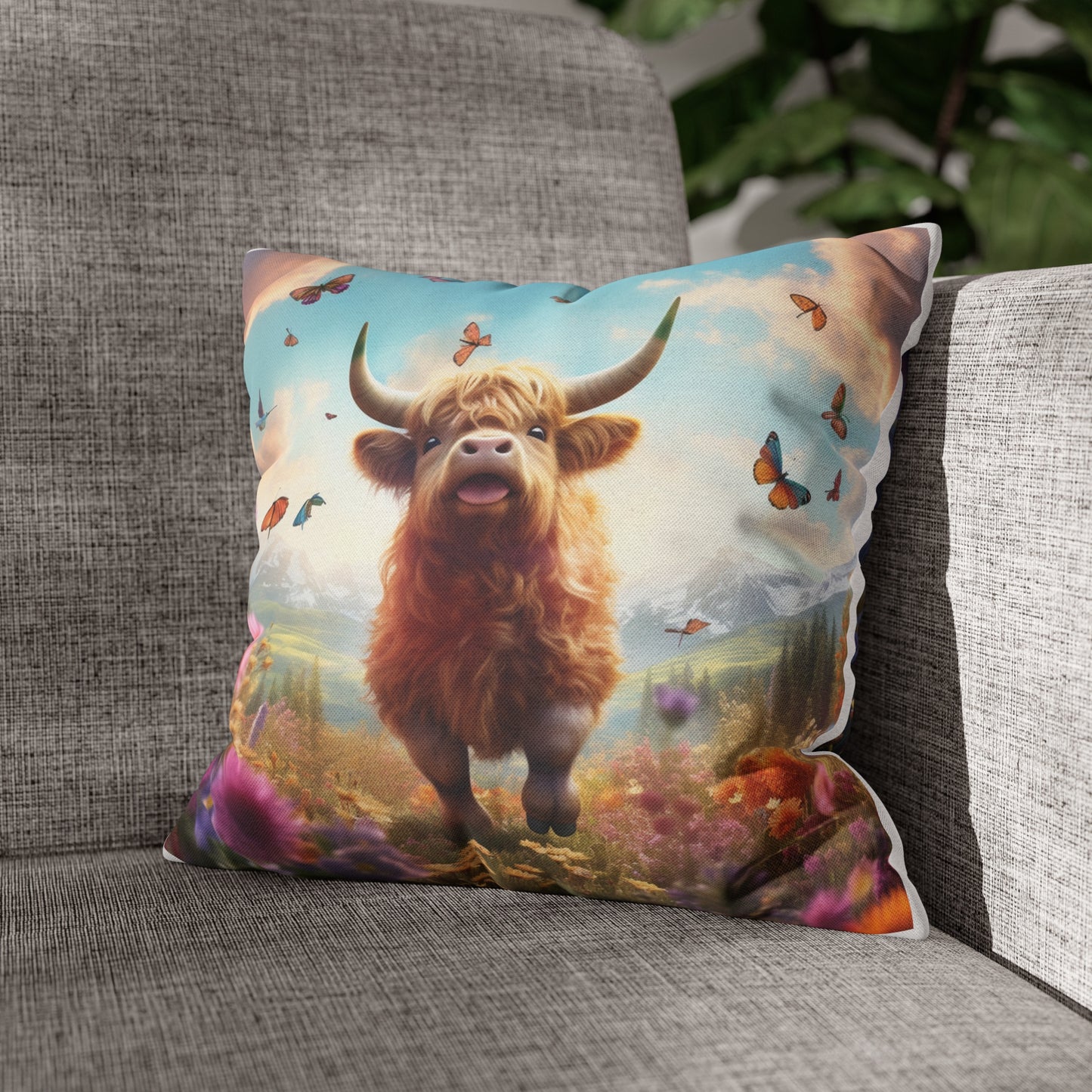 Highland Cattle "Fluffy Cow in the Meadow" - Spun Polyester Square Pillow Case -