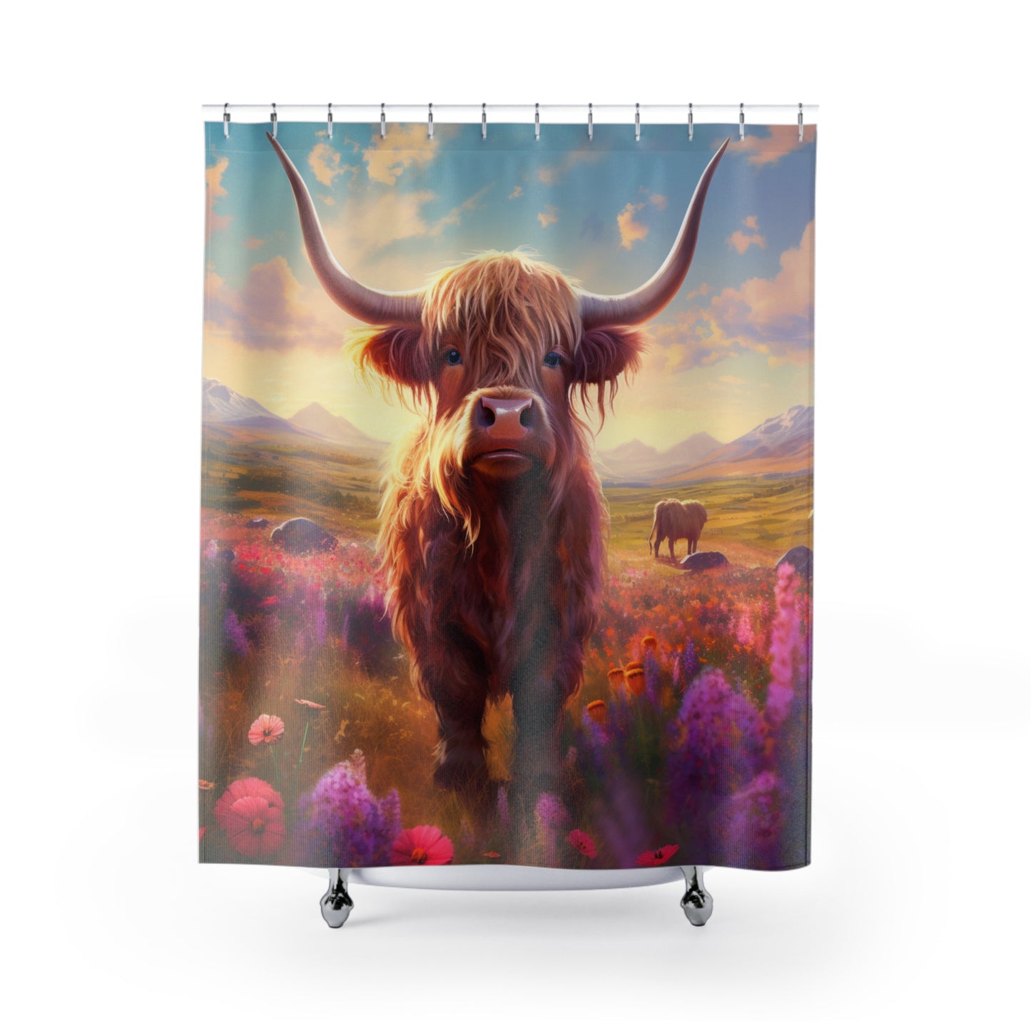 Whimsical Charm: Fluffy Cow on Meadow Shower Curtain