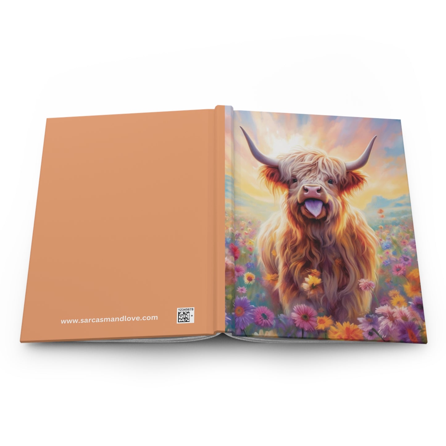 Highland Cattle Hardcover Notebook, Tongue Out in Wildflower Meadow, Lined Journal, Self Care Diary, Gratitude and Wellness Planner