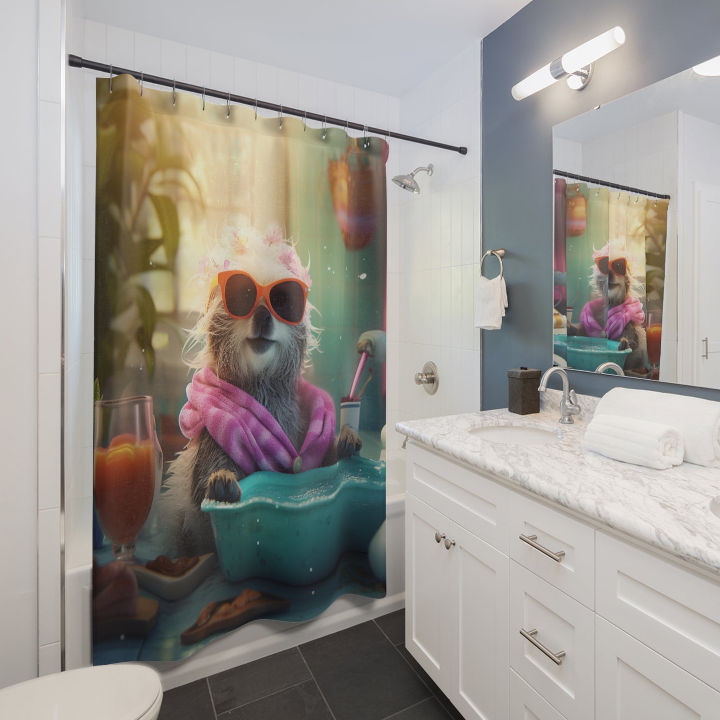 Whimsical and Adorable Shower Curtain - Furry Friend in the Tub
